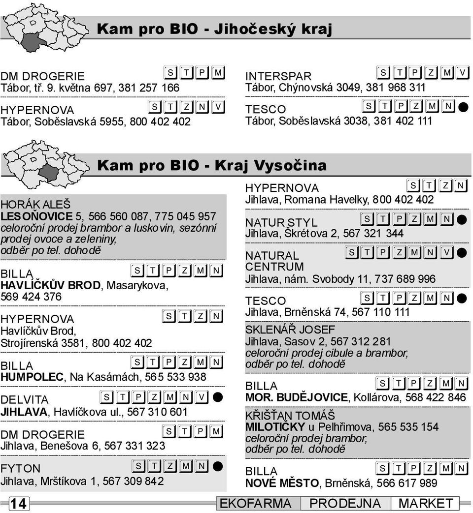 aluskovi, sezóí prodej ovoceazeleiy, odběr potel.dohodě HAVLÍČKŮV BROD,Masarykova, 569 424376 HavlíčkůvBrod, Strojíreská3581, 800 402 402 HUMPOLEC,NaKasárách,565533938 JIHLAVA,Havlíčkova ul.