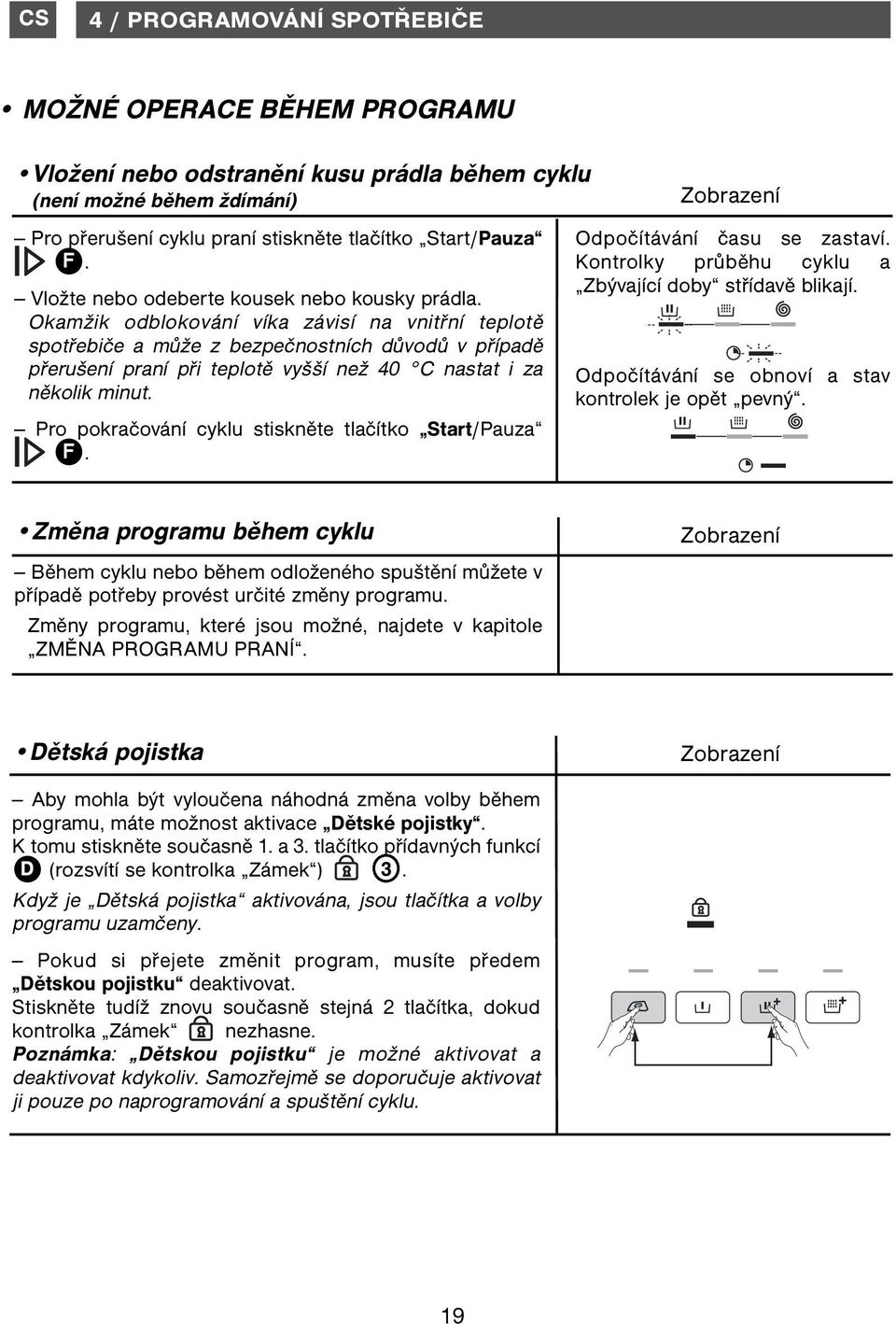 Okamžik odblokování víka závisí na vnitřní teplotě spotřebiče a může z bezpečnostních důvodů v případě přerušení praní při teplotě vyšší než 40 C nastat i za několik minut.