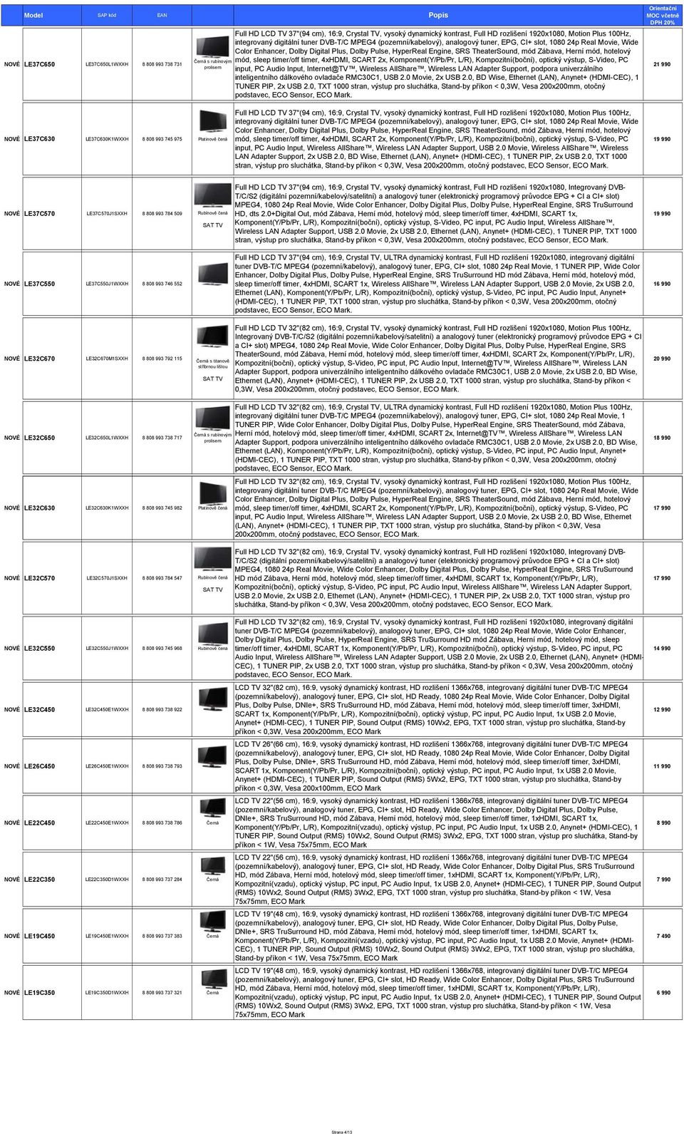 TheaterSound, mód Zábava, Herní mód, hotelový mód, sleep timer/off timer, 4xHDMI, SCART 2x, Komponent(Y/Pb/Pr, L/R), Kompozitní(boční), optický výstup, S-Video, PC input, PC Audio Input, Internet@TV,