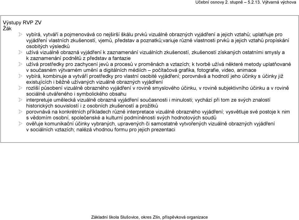 představ a fantazie užívá prostředky pro zachycení jevů a procesů v proměnách a vztazích; k tvorbě užívá některé metody uplatňované v současném výtvarném umění a digitálních médiích počítačová