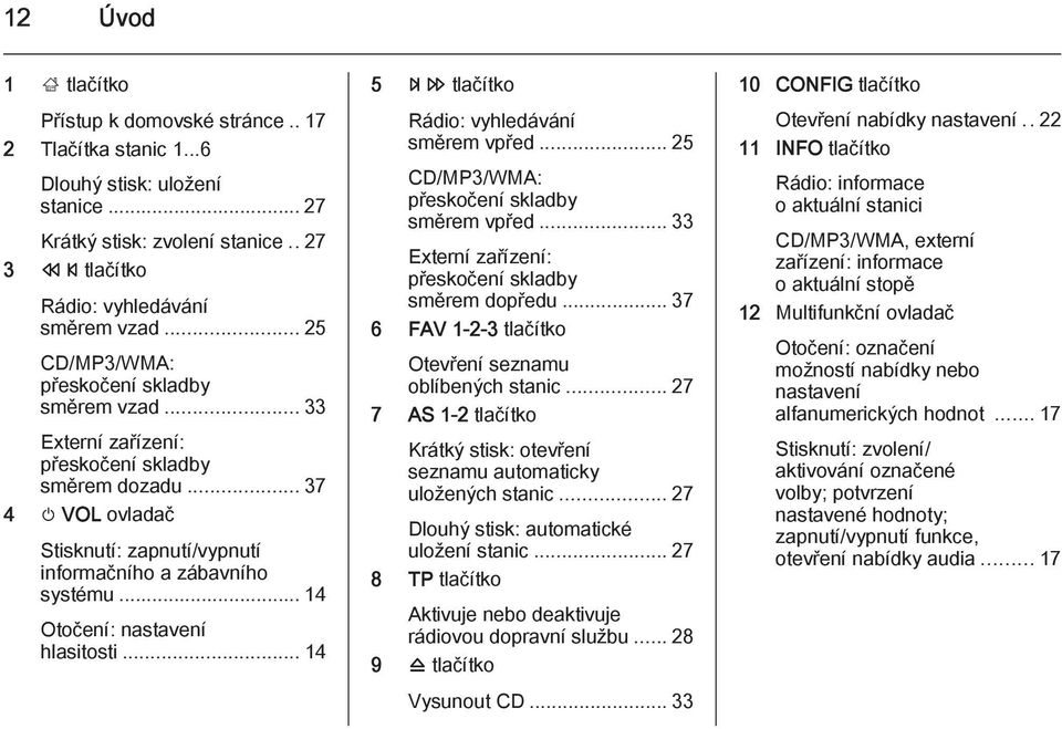 .. 14 Otočení: nastavení hlasitosti... 14 5 u tlačítko Rádio: vyhledávání směrem vpřed... 25 CD/MP3/WMA: přeskočení skladby směrem vpřed... 33 Externí zařízení: přeskočení skladby směrem dopředu.
