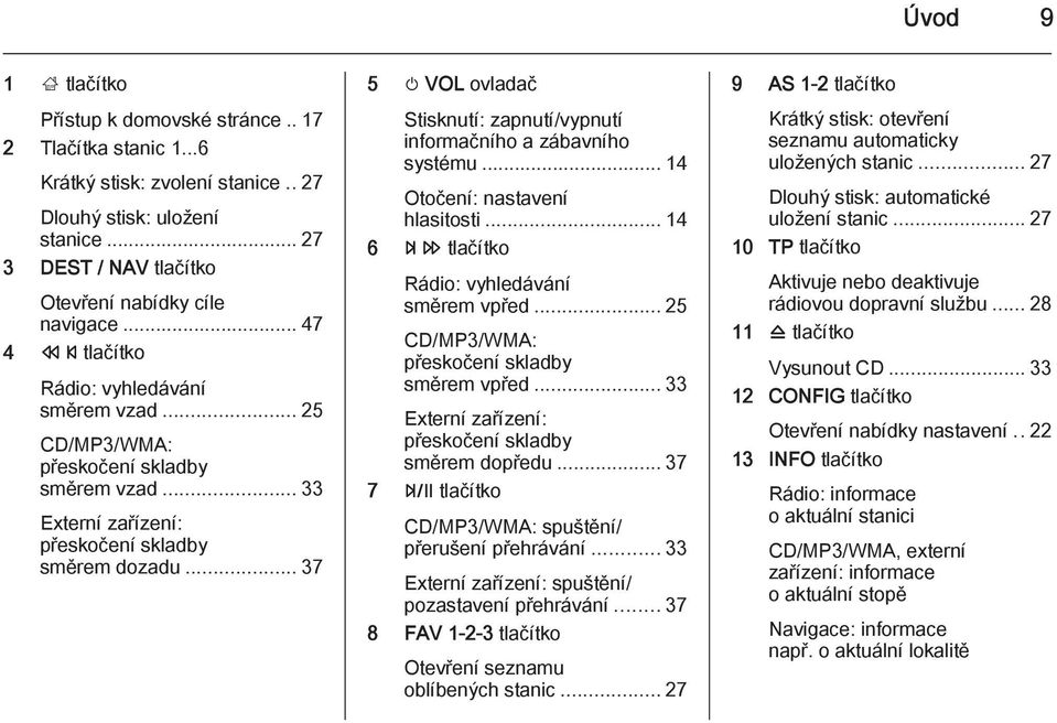 .. 37 5 m VOL ovladač Stisknutí: zapnutí/vypnutí informačního a zábavního systému... 14 Otočení: nastavení hlasitosti... 14 6 u tlačítko Rádio: vyhledávání směrem vpřed.