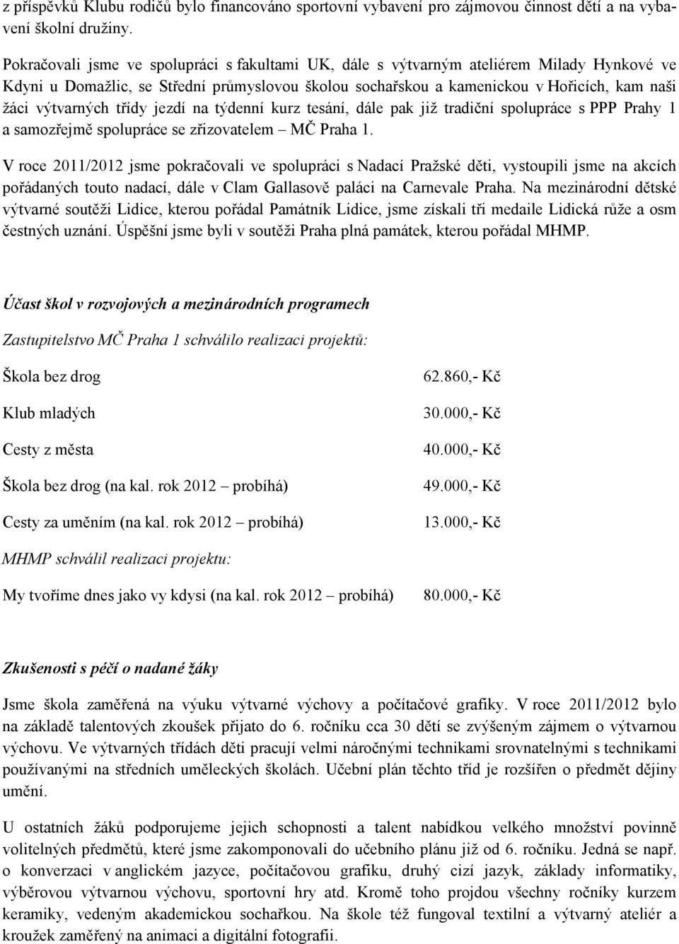 výtvarných třídy jezdí na týdenní kurz tesání, dále pak již tradiční spolupráce s PPP Prahy 1 a samozřejmě spolupráce se zřizovatelem MČ Praha 1.