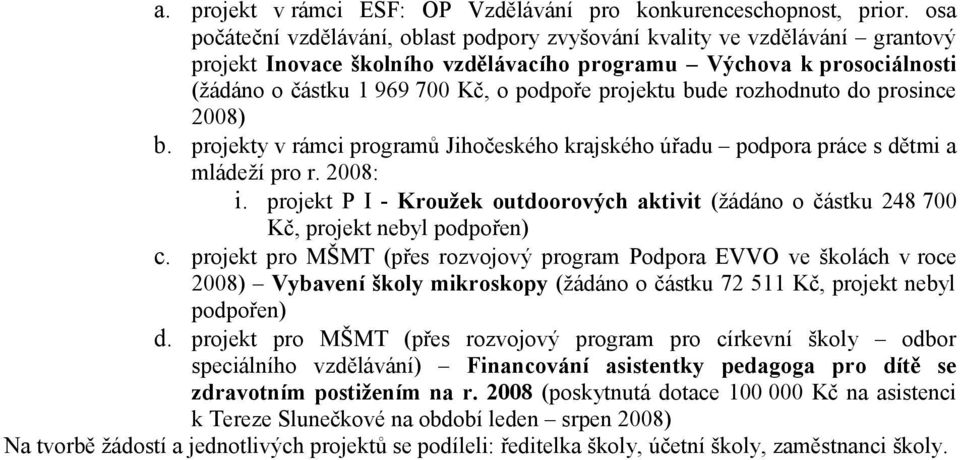 projektu bude rozhodnuto do prosince 2008) b. projekty v rámci programů Jihočeského krajského úřadu podpora práce s dětmi a mládeží pro r. 2008: i.