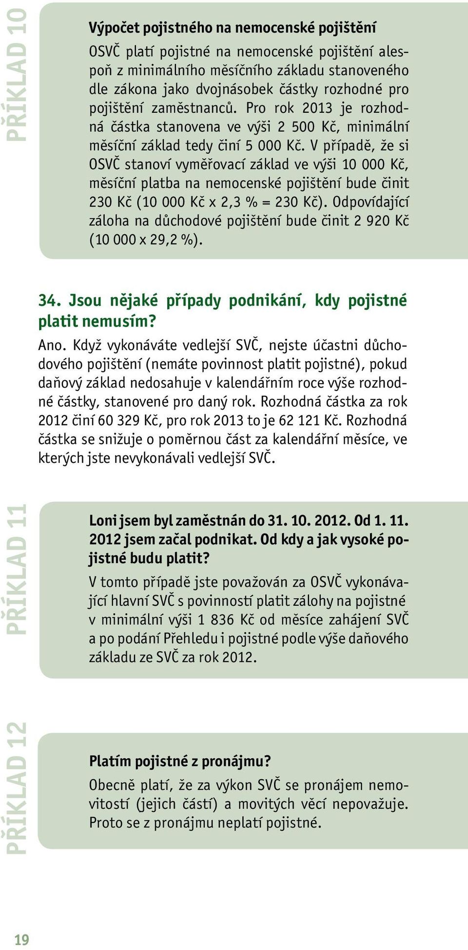 V případě, že si OSVČ stanoví vyměřovací základ ve výši 10 000 Kč, měsíční platba na nemocenské pojištění bude činit 230 Kč (10 000 Kč x 2,3 % = 230 Kč).