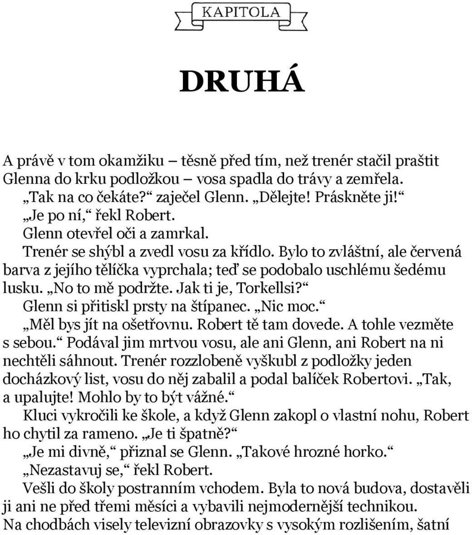 No to mě podržte. Jak ti je, Torkellsi? Glenn si přitiskl prsty na štípanec. Nic moc. Měl bys jít na ošetřovnu. Robert tě tam dovede. A tohle vezměte s sebou.