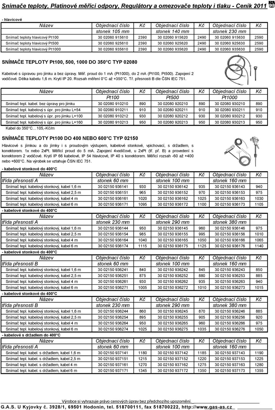 935620 2490 30 02060 935630 2590 SNÍMAČE TEPLOTY Pt100, 500, 1000 DO 350 C TYP 02080 Kabelové súpravou pro jímku abez úpravy. Měř. proud do 1mA (Pt1000), do 2mA (Pt100, Pt500). Zapojení 2 vodičové.