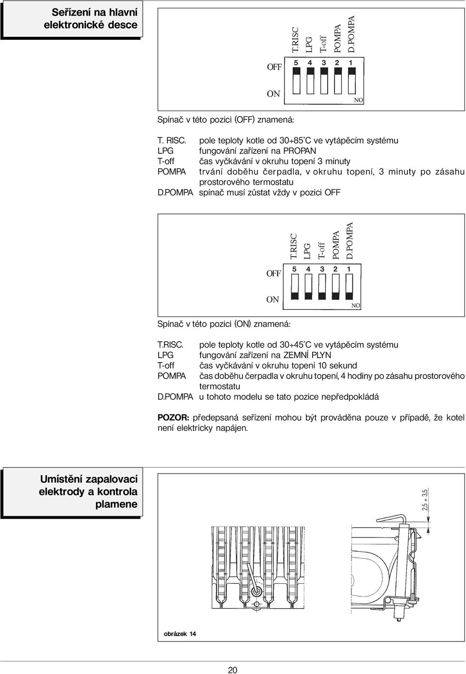 prostorového termostatu D.POMPA spínač musí zůstat vždy v pozici OFF LPG T-off POMPA D.POMPA 5 4 3 2 1 Spínač v této pozici (ON) znamená: T.RISC.