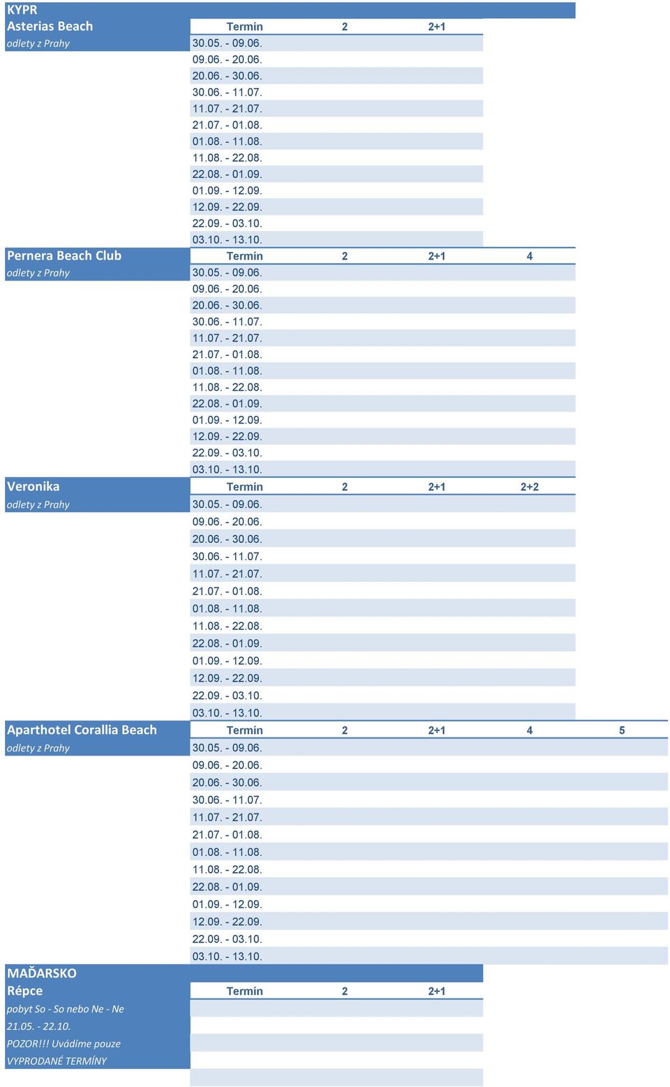 01.08. - 11.08. 11.08. - 22.08. 22.08. - 01.09. 01.09. - 12.09. 12.09. - 22.09. 22.09. - 03.10. 03.10. - 13.10. Veronika Termín 2 2+1 2+2 odlety z Prahy 30.05. - 09.06. 09.06. - 20.06. 20.06. - 30.06. 30.06. - 11.07.