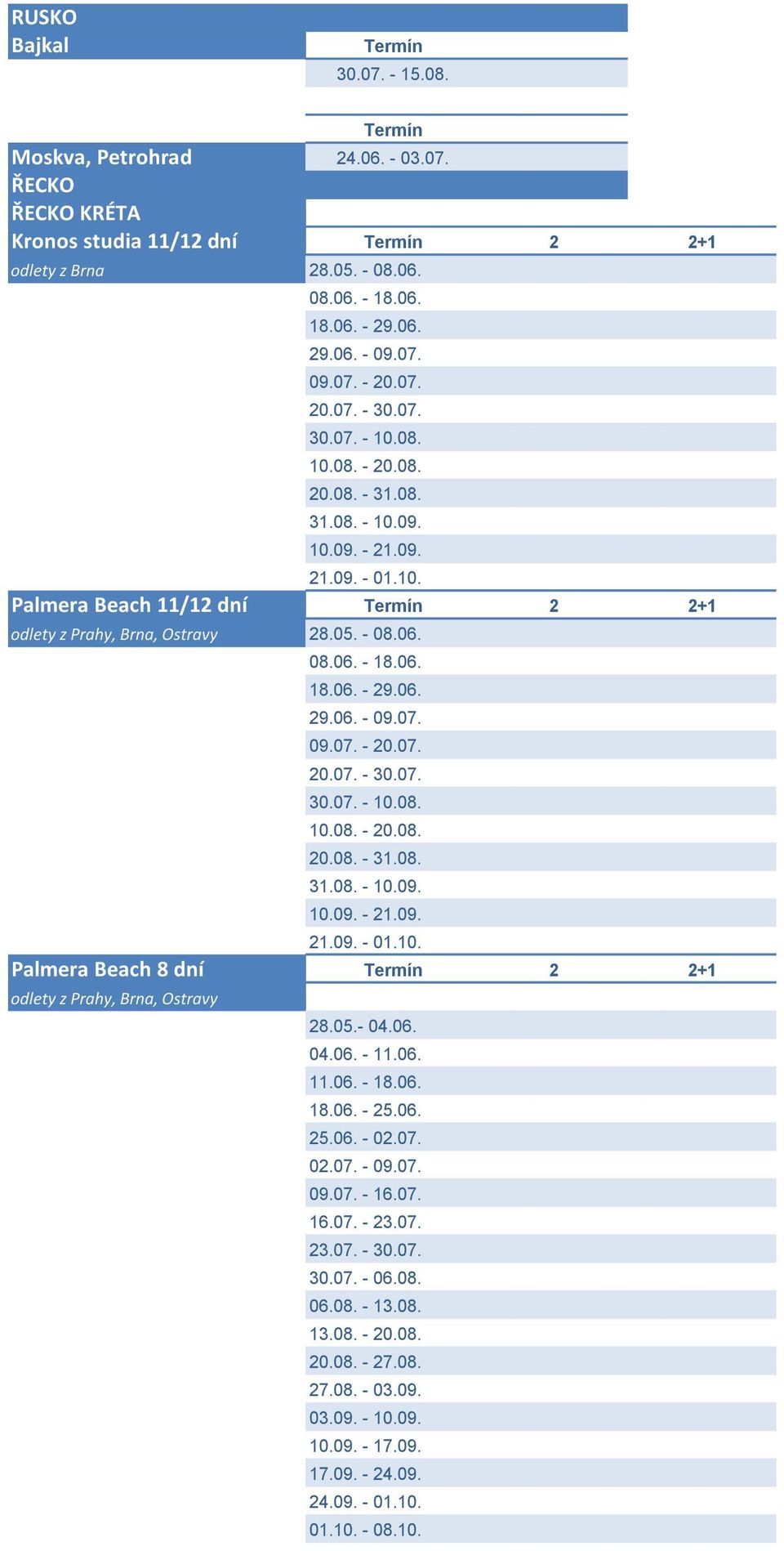 05. - 08.06. 08.06. - 18.06. 18.06. - 29.06. 29.06. - 09.07. 09.07. - 20.07. 20.07. - 30.07. 30.07. - 10.08. 10.08. - 20.08. 20.08. - 31.08. 31.08. - 10.09. 10.09. - 21.09. 21.09. - 01.10. Palmera Beach 8 dní Termín 2 2+1 odlety z Prahy, Brna, Ostravy 28.