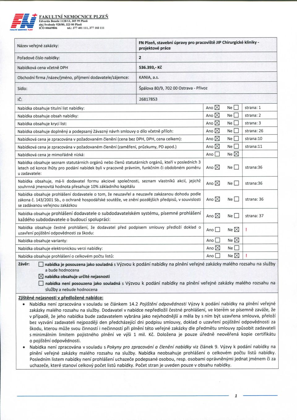 /nazev/jmeno, pi'ijmeni dodavatele/zajemce: SidIo: 536.393,- Kc KANIA, a.s.