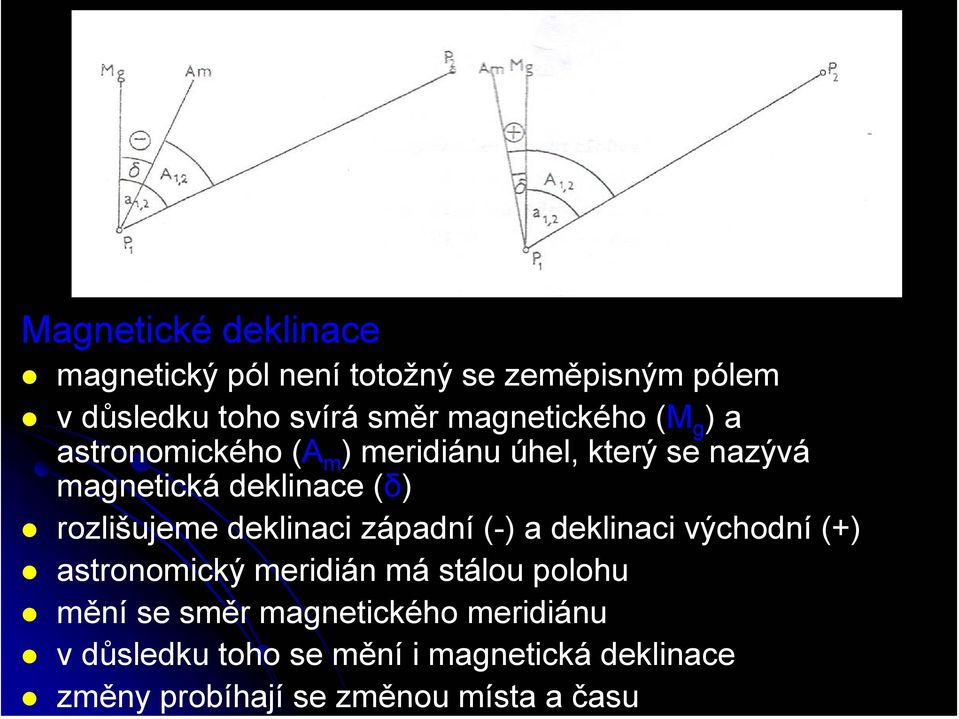 rozlišujeme deklinaci západní (-) a deklinaci východní (+) astronomický meridián má stálou polohu mění