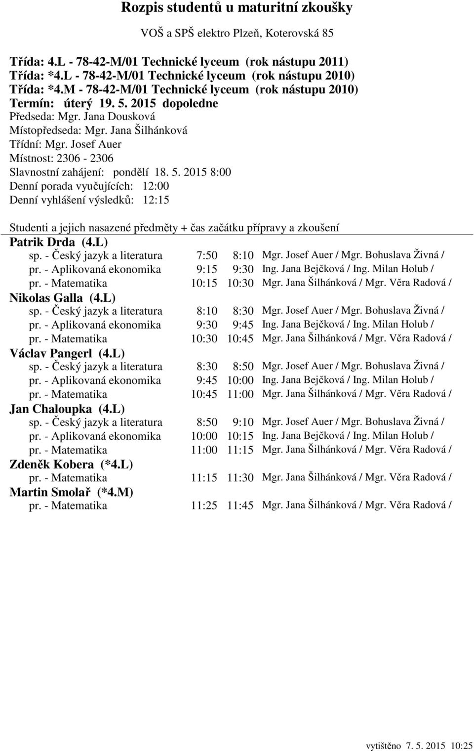 - Český jazyk a literatura 8:10 8:30 Mgr. Josef Auer / Mgr. Bohuslava Živná / pr. - Aplikovaná ekonomika 9:30 9:45 Ing. Jana Bejčková / Ing. Milan Holub / pr. - Matematika 10:30 10:45 Mgr.