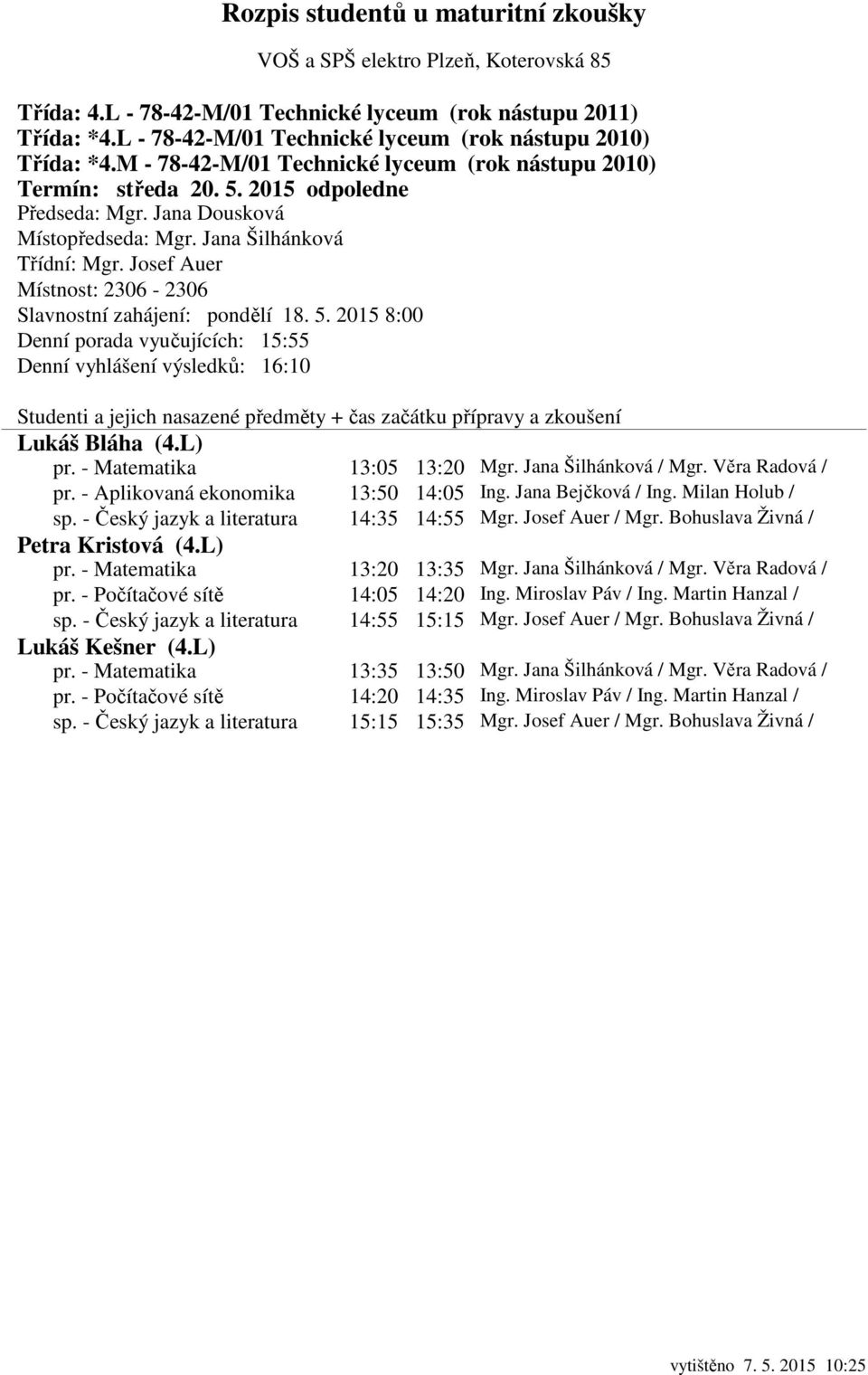 - Matematika 13:20 13:35 Mgr. Jana Šilhánková / Mgr. Věra Radová / pr. - Počítačové sítě 14:05 14:20 Ing. Miroslav Páv / Ing. Martin Hanzal / sp. - Český jazyk a literatura 14:55 15:15 Mgr.