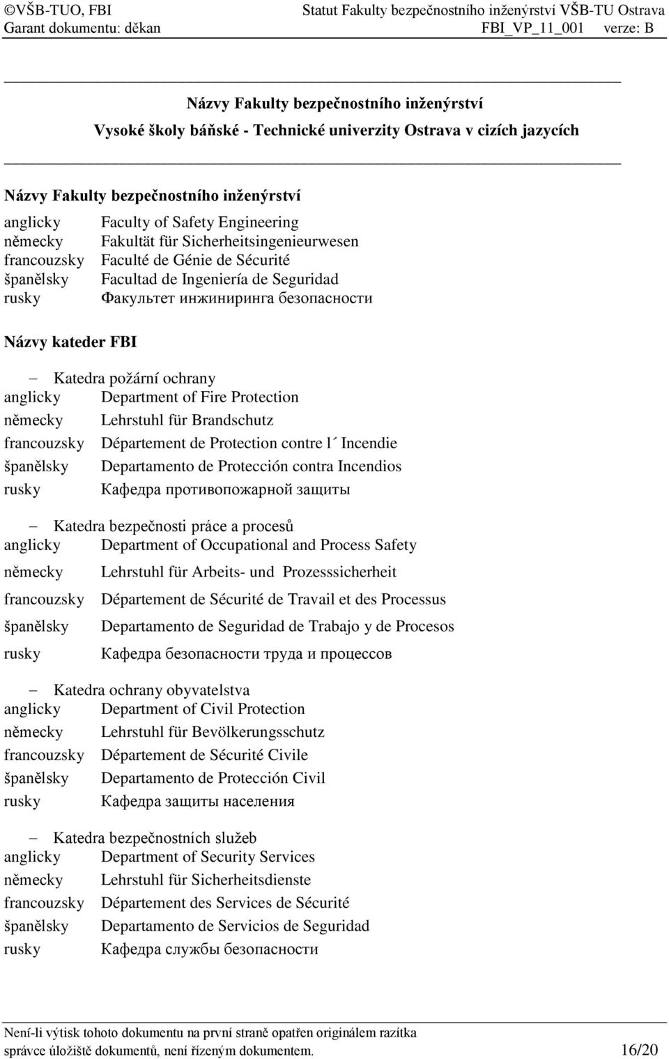 požární ochrany anglicky Department of Fire Protection německy Lehrstuhl für Brandschutz francouzsky Département de Protection contre l Incendie španělsky Departamento de Protección contra Incendios