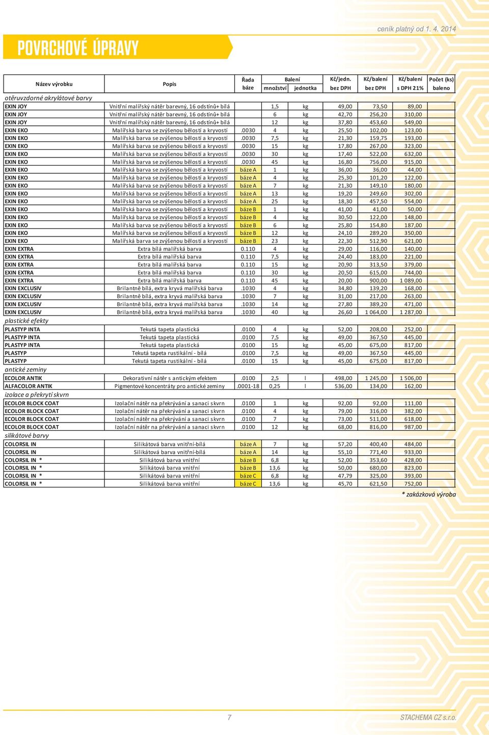 0030 4 kg 25,50 102,00 123,00 EXIN EKO Malíøská barva se zvýšenou bìlostí a kryvostí.0030 7,5 kg 21,30 159,75 193,00 EXIN EKO Malíøská barva se zvýšenou bìlostí a kryvostí.