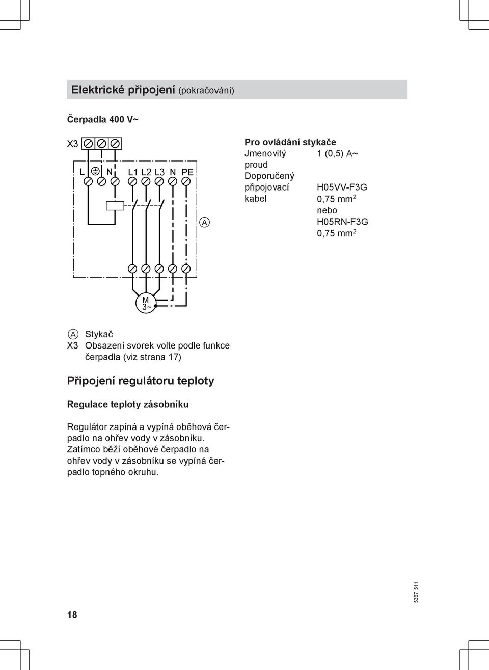 H05RN-F3G 0,75 mm 2 M 3~ A Stykač X3 Obsazení svorek volte podle funkce čerpadla (viz strana 17) Připojení regulátoru