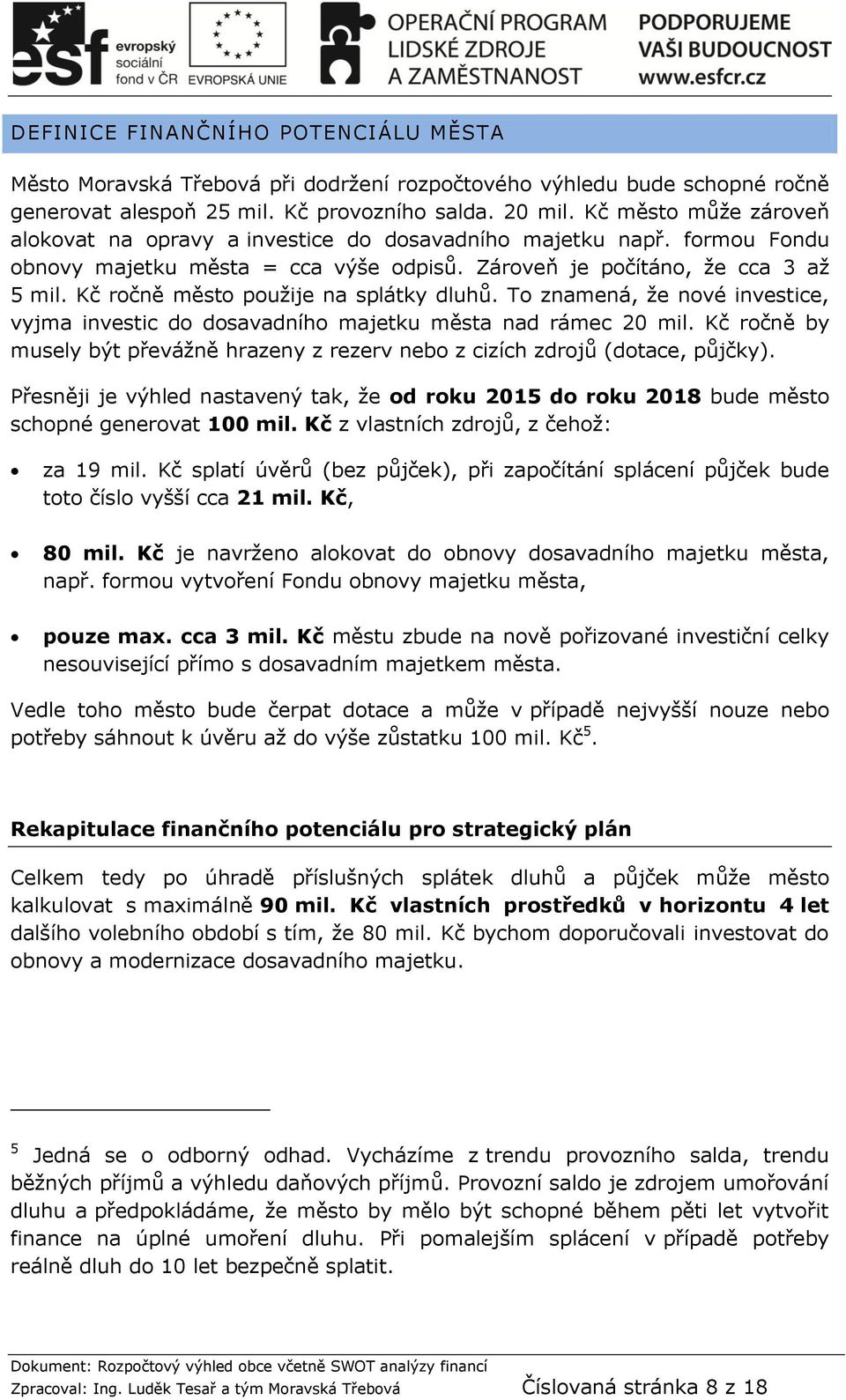 Kč ročně město použije na splátky dluhů. To znamená, že nové investice, vyjma investic do dosavadního majetku města nad rámec 20 mil.