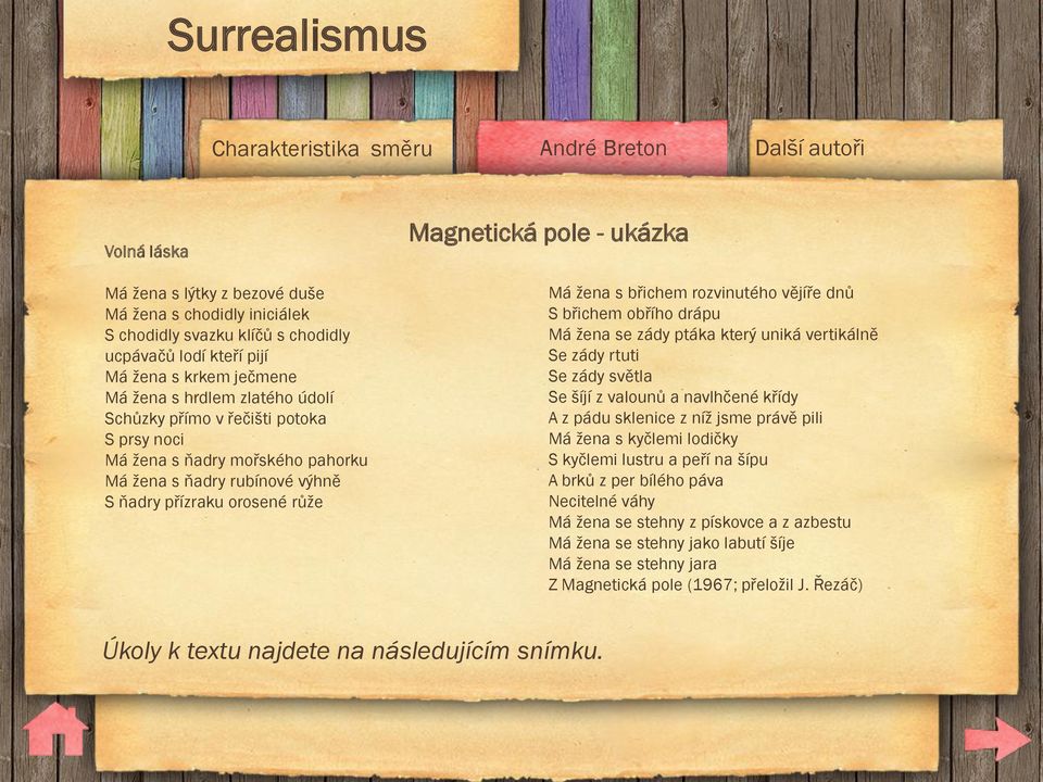 obřího drápu Má žena se zády ptáka který uniká vertikálně Se zády rtuti Se zády světla Se šíjí z valounů a navlhčené křídy A z pádu sklenice z níž jsme právě pili Má žena s kyčlemi lodičky S kyčlemi