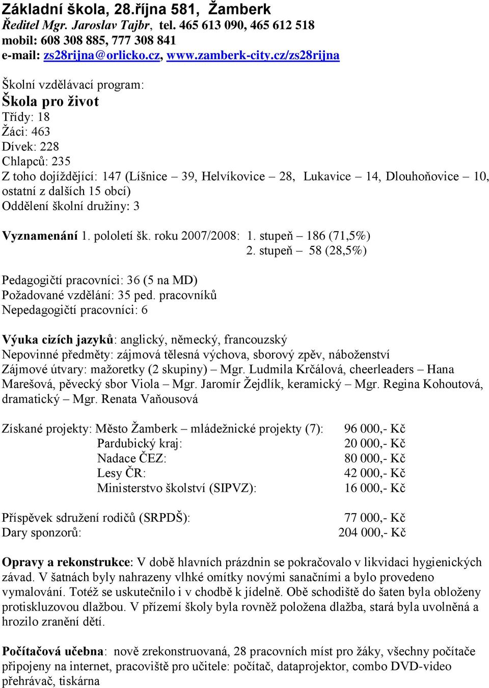 dalších 15 obcí) Oddělení školní družiny: 3 Vyznamenání 1. pololetí šk. roku 2007/2008: 1. stupeň 186 (71,5%) 2. stupeň 58 (28,5%) Pedagogičtí pracovníci: 36 (5 na MD) Požadované vzdělání: 35 ped.