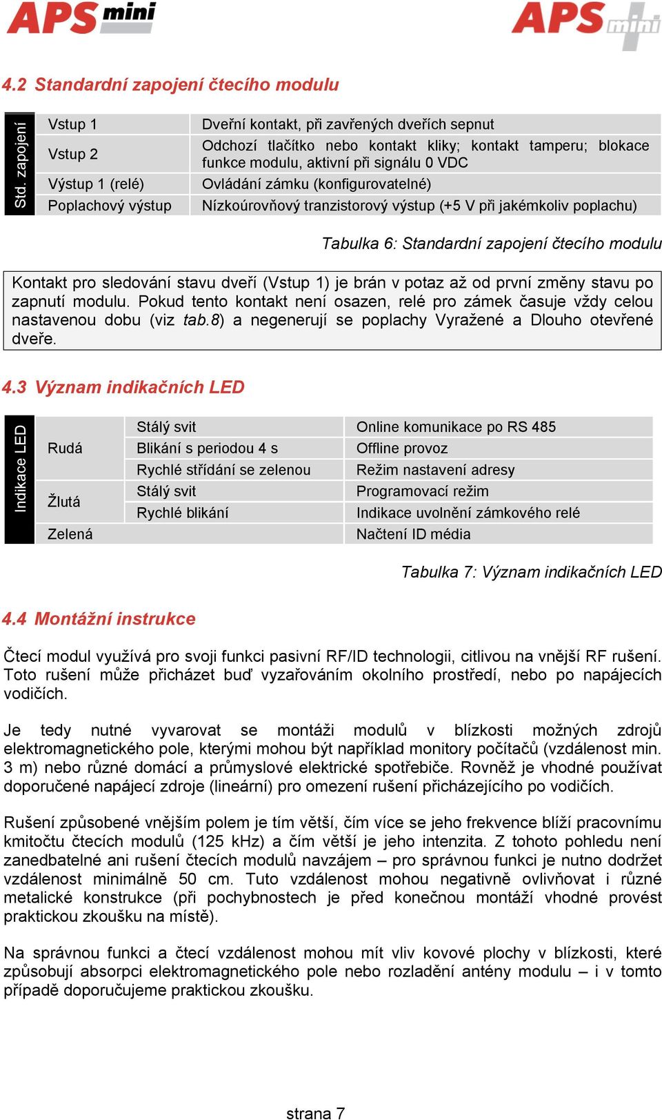 signálu 0 VDC Ovládání zámku (konfigurovatelné) Nízkoúrovňový tranzistorový výstup (+5 V při jakémkoliv poplachu) Tabulka 6: Standardní zapojení čtecího modulu Kontakt pro sledování stavu dveří