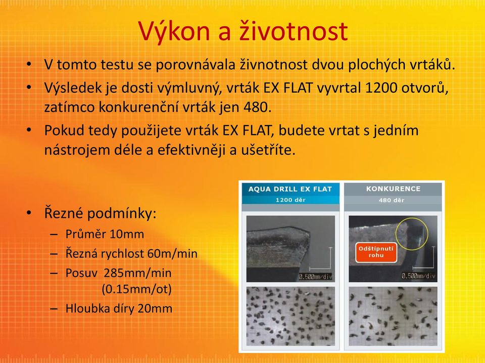 480. Pokud tedy použijete vrták EX FLAT, budete vrtat s jedním nástrojem déle a efektivněji a