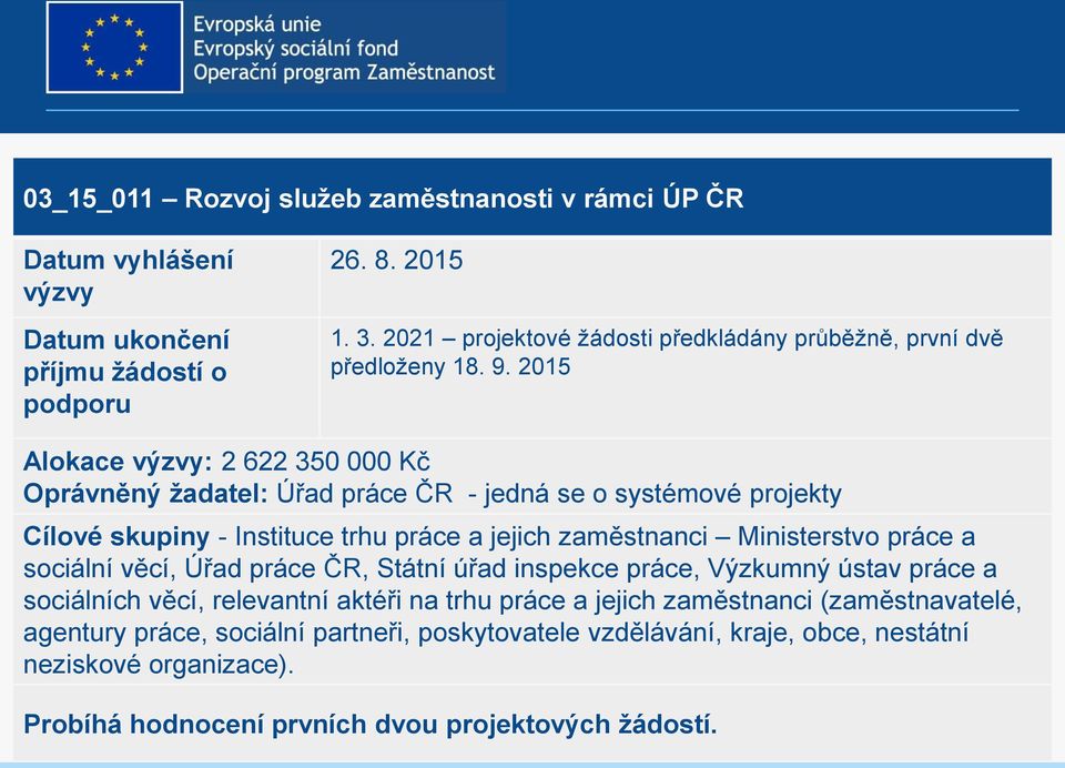 2015 Alokace výzvy: 2 622 350 000 Kč Oprávněný žadatel: Úřad práce ČR - jedná se o systémové projekty Cílové skupiny - Instituce trhu práce a jejich zaměstnanci Ministerstvo