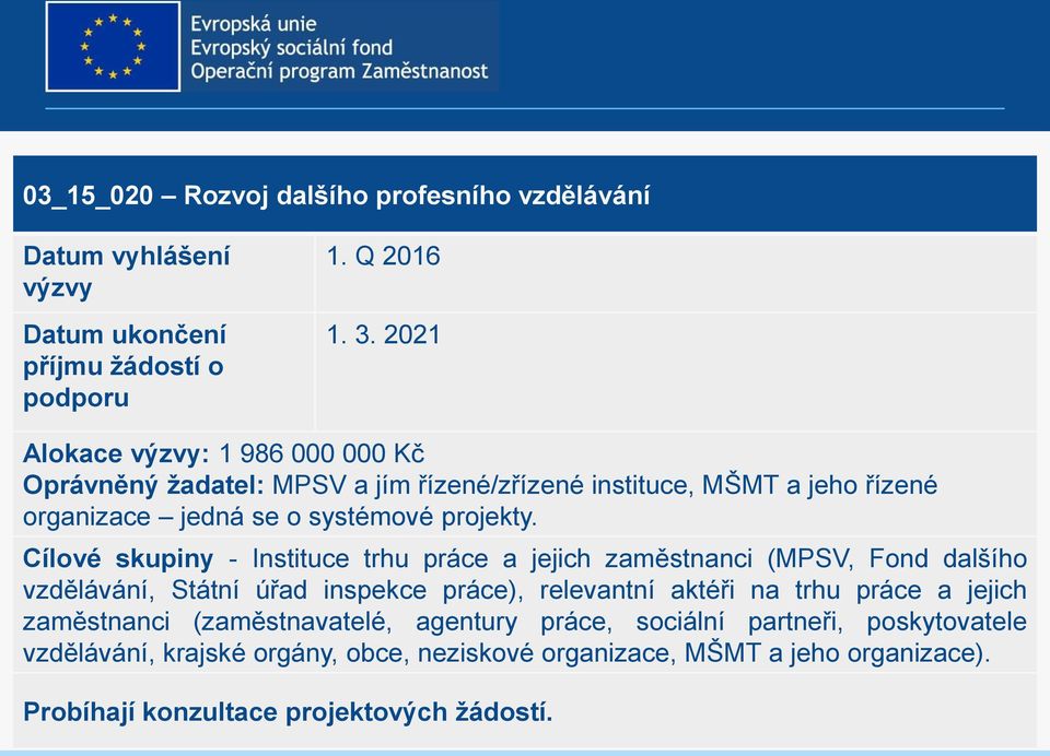 Cílové skupiny - Instituce trhu práce a jejich zaměstnanci (MPSV, Fond dalšího vzdělávání, Státní úřad inspekce práce), relevantní aktéři na trhu práce a jejich