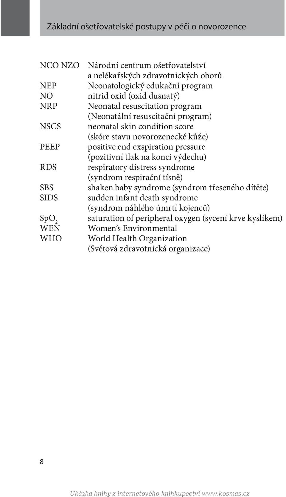 pressure (pozitivní tlak na konci výdechu) respiratory distress syndrome (syndrom respirační tísně) shaken baby syndrome (syndrom třeseného dítěte) sudden infant death syndrome (syndrom náhlého