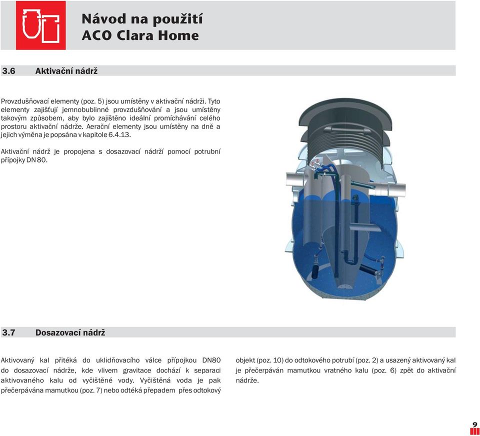 Aerační elementy jsou umístěny na dně a jejich výměna je popsána v kapitole 6.4.13. Aktivační nádrž je propojena s dosazovací nádrží pomocí potrubní přípojky DN 80. 3.