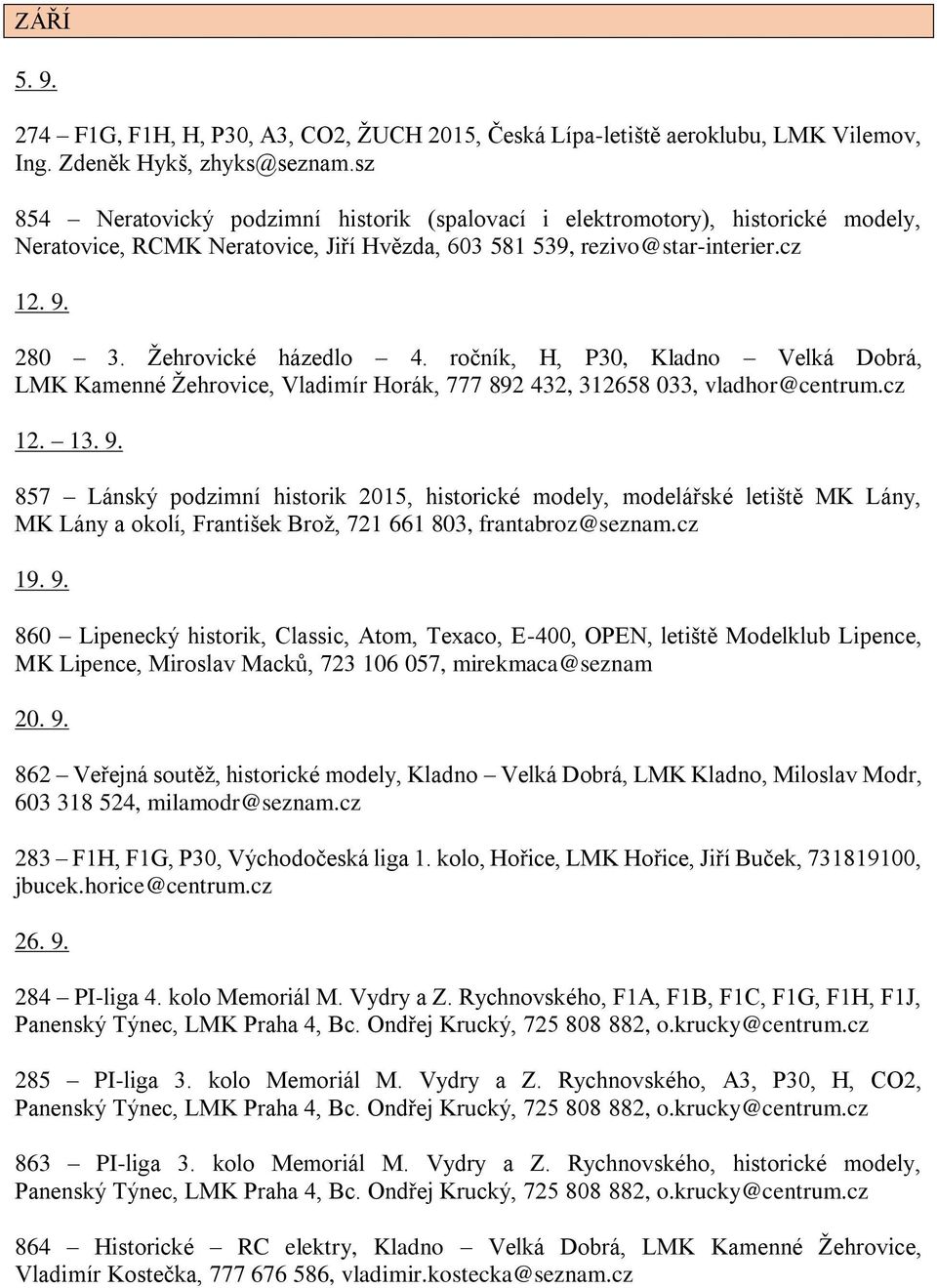 ročník, H, P30, Kladno Velká Dobrá, LMK Kamenné Žehrovice, Vladimír Horák, 777 892 432, 312658 033, vladhor@centrum.cz 12. 13. 9.