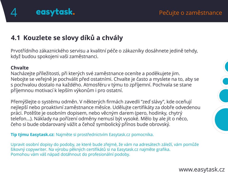 Chvalte je často a myslete na to, aby se s pochvalou dostalo na každého. Atmosféru v týmu to zpříjemní. Pochvala se stane příjemnou motivací k lepším výkonům i pro ostatní.