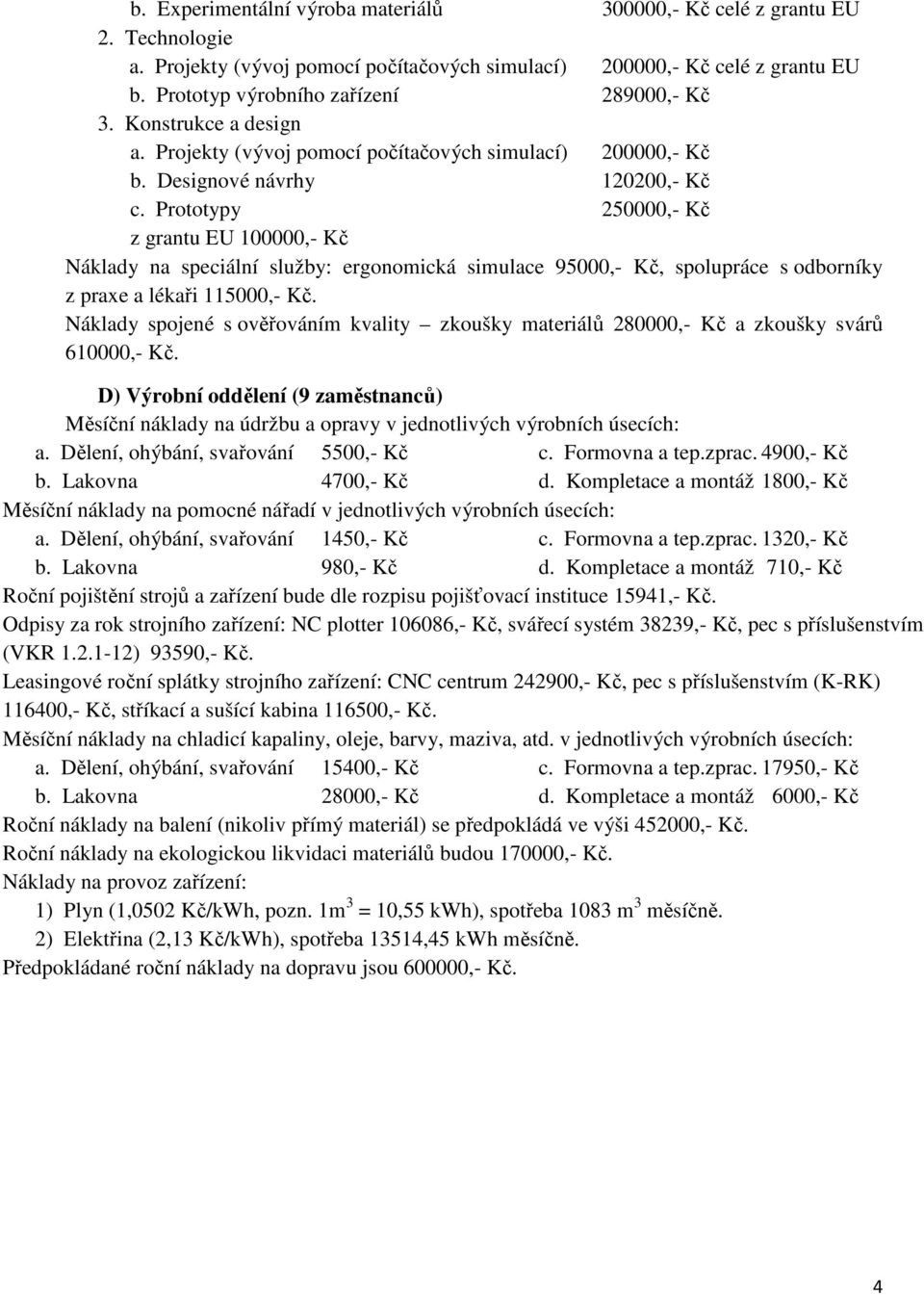 Prototypy 250000,- Kč z grantu EU 100000,- Kč Náklady na speciální služby: ergonomická simulace 95000,- Kč, spolupráce s odborníky z praxe a lékaři 115000,- Kč.