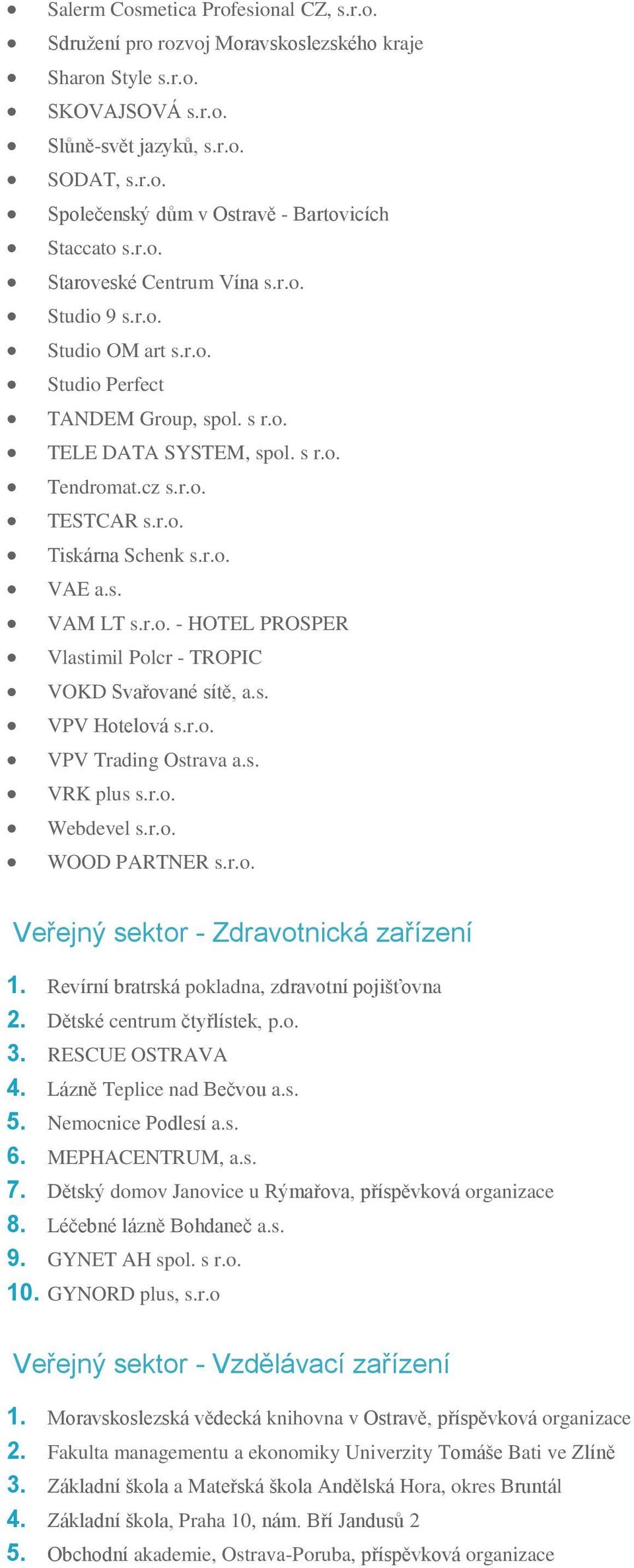 r.o. VAE a.s. VAM LT s.r.o. - HOTEL PROSPER Vlastimil Polcr - TROPIC VOKD Svařované sítě, a.s. VPV Hotelová s.r.o. VPV Trading Ostrava a.s. VRK plus s.r.o. Webdevel s.r.o. WOOD PARTNER s.r.o. Veřejný sektor - Zdravotnická zařízení 1.