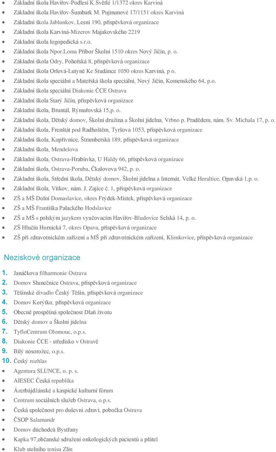 Loma Příbor Školní 1510 okres Nový Jičín, p. o. Základní škola Odry, Pohořská 8, příspěvková organizace Základní škola Orlová-Lutyně Ke Studánce 1050 okres Karviná, p o.