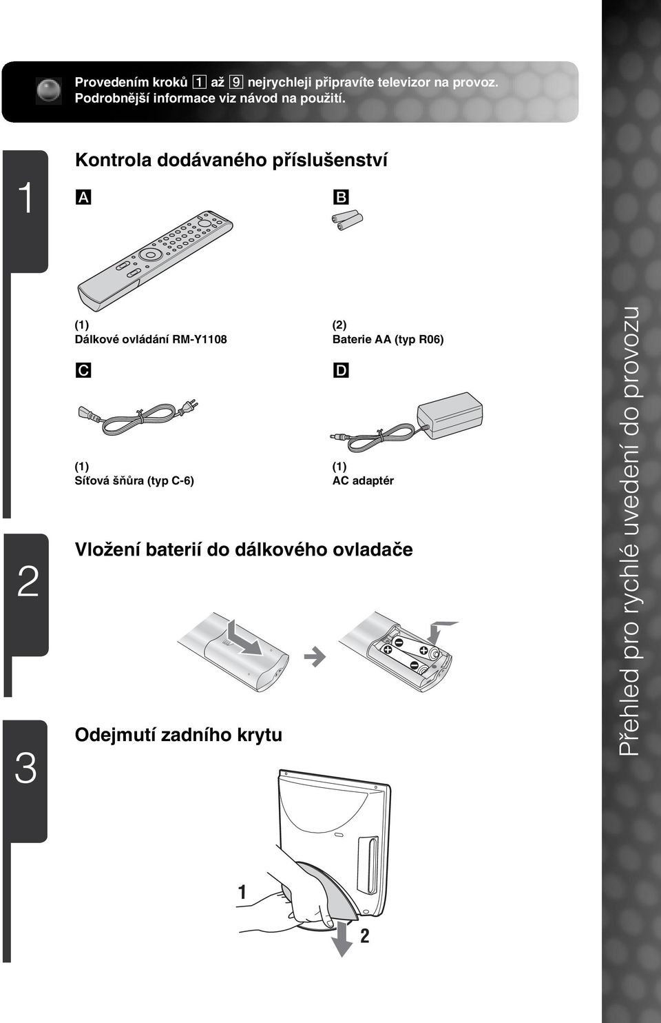 1 Kontrola dodávaného příslušenství A B 2 3 (1) (2) Dálkové ovládání RM-Y1108 Baterie AA
