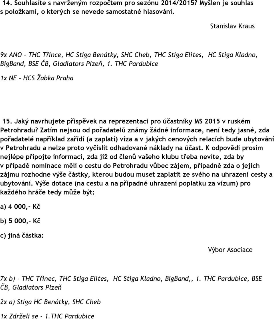 Jaký navrhujete příspěvek na reprezentaci pro účastníky MS 2015 v ruském Petrohradu?