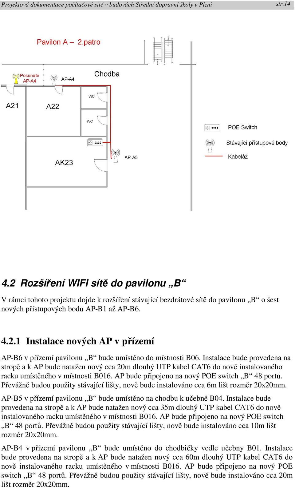 Převážně budou použity stávající lišty, nově bude instalováno cca 6m lišt rozměr 20x20mm. AP-B5 v přízemí pavilonu B bude umístěno na chodbu k učebně B04.