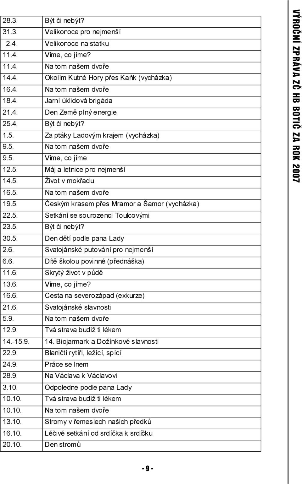 5. Českým krasem přes Mramor a Šamor (vycházka) 22.5. Setkání se sourozenci Toulcovými 23.5. Být či nebýt? 30.5. Den dětí podle pana Lady 2.6. Svatojánské putování pro nejmenší 6.6. Dítě školou povinné (přednáška) 11.