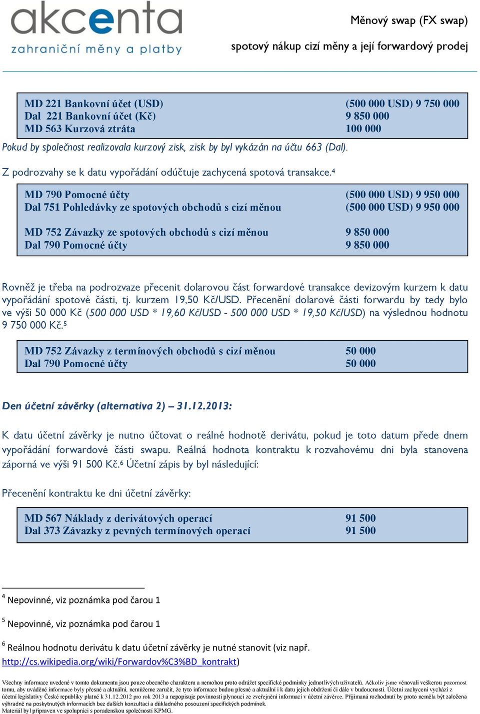 4 MD 790 Pomocné účty (500 000 USD) 9 950 000 Dal 751 Pohledávky ze spotových obchodů s cizí měnou (500 000 USD) 9 950 000 MD 752 Závazky ze spotových obchodů s cizí měnou 9 850 000 Dal 790 Pomocné