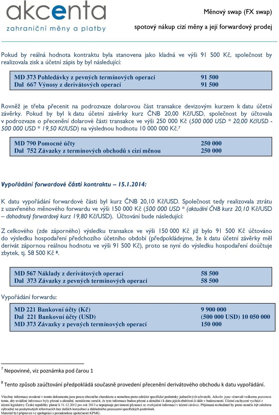 Pokud by byl k datu účetní závěrky kurz ČNB 20,00 Kč/USD, společnost by účtovala v podrozvaze o přecenění dolarové části transakce ve výši 250 000 Kč (500 000 USD * 20,00 Kč/USD - 500 000 USD * 19,50