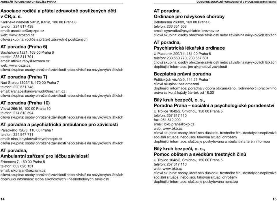 cz cílová skupina: osoby ohrožené závislostí nebo závislé na návykových látkách AT poradna (Praha 7) Nad Štolou 1302/18, 170 00 Praha 7 telefon: 220 571 748 email: ivanapelikanovamudr@seznam.