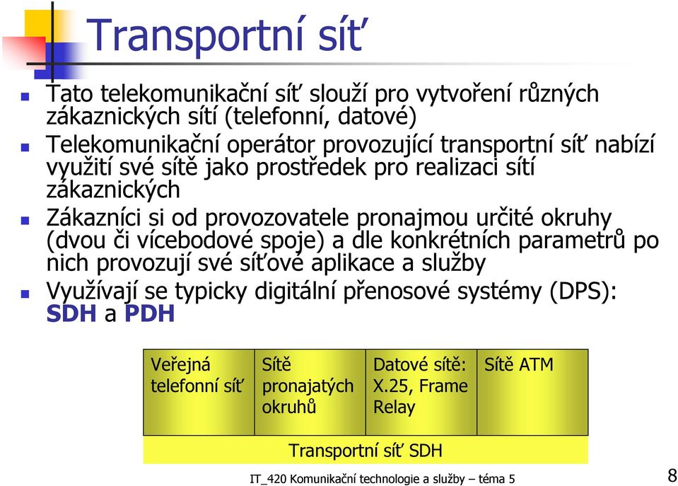 vícebodové spoje) a dle konkrétních parametrů po nich provozují své síťové aplikace a služby Využívají se typicky digitální přenosové systémy (DPS): SDH