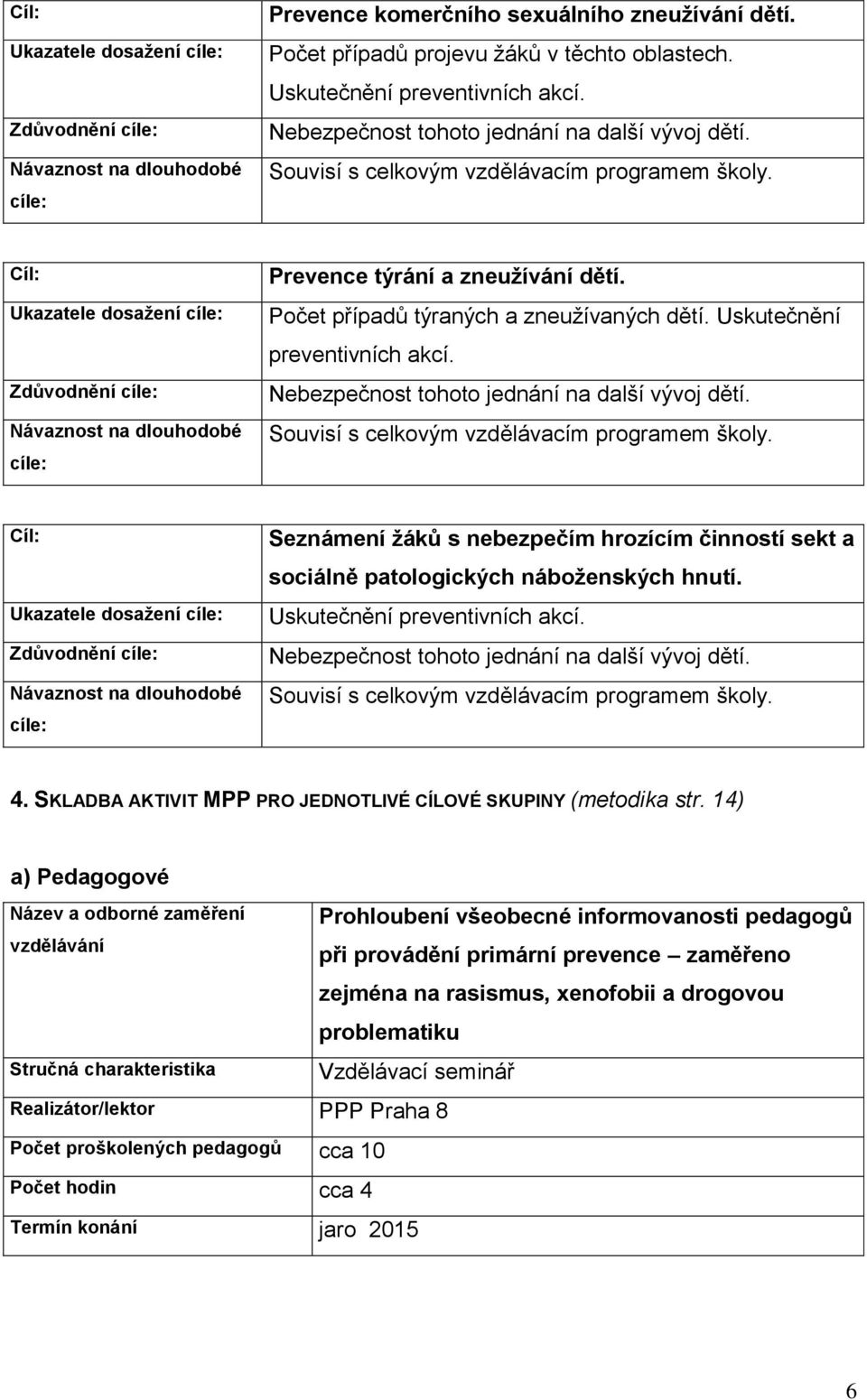 Cíl: Ukazatele dosažení cíle: Zdůvodnění cíle: Návaznost na dlouhodobé cíle: Prevence týrání a zneužívání dětí. Počet případů týraných a zneužívaných dětí.