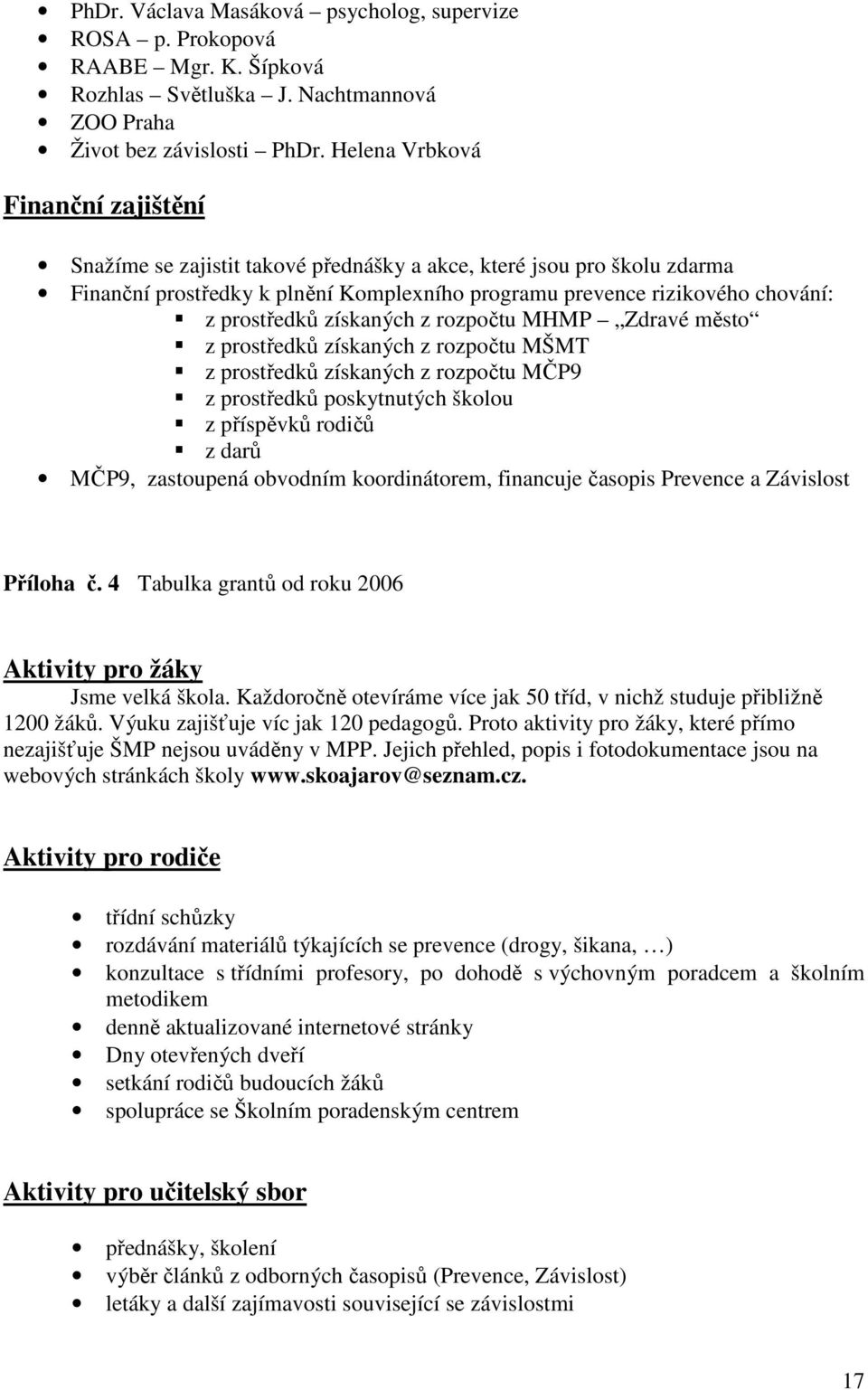 získaných z rozpočtu MHMP Zdravé město z prostředků získaných z rozpočtu MŠMT z prostředků získaných z rozpočtu MČP9 z prostředků poskytnutých školou z příspěvků rodičů z darů MČP9, zastoupená