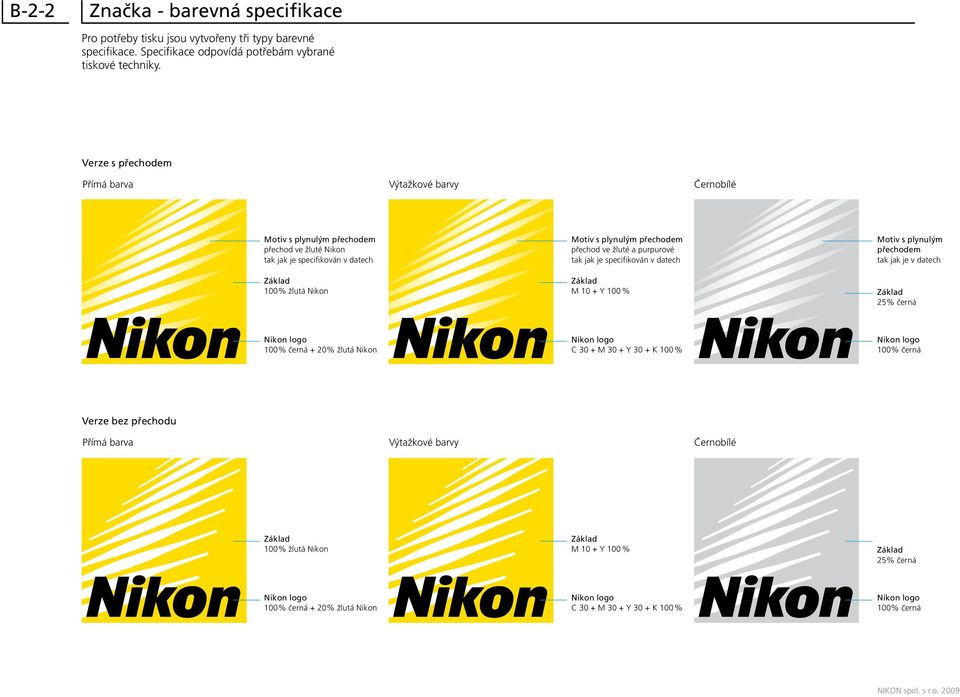 ve žluté a purpurové tak jak je specifikován v datech Základ M 10 + Y 100 % Motiv s plynulým přechodem tak jak je v datech Základ 25% černá Nikon logo 100% černá + 20% žlutá Nikon Nikon logo C 30 + M