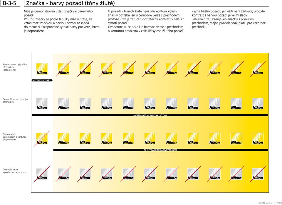 U pozadí v tónech žluté není bílá kontura kolem značky potřeba jen u černobílé verze s přechodem, protože i tak je zaručen dostatečný kontrast v celé šíři sytosti pozadí.