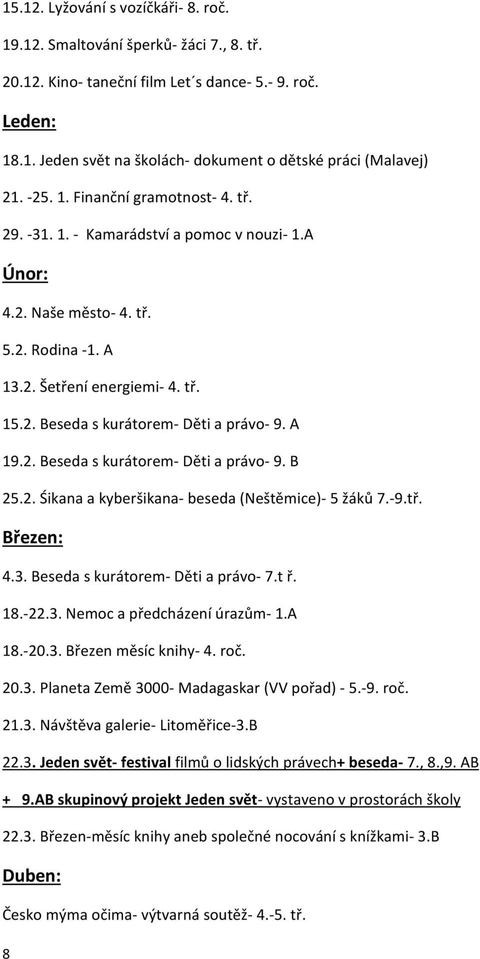 A 19.2. Beseda s kurátorem- Děti a právo- 9. B 25.2. Śikana a kyberšikana- beseda (Neštěmice)- 5 žáků 7.-9.tř. Březen: 4.3. Beseda s kurátorem- Děti a právo- 7.t ř. 18.-22.3. Nemoc a předcházení úrazům- 1.