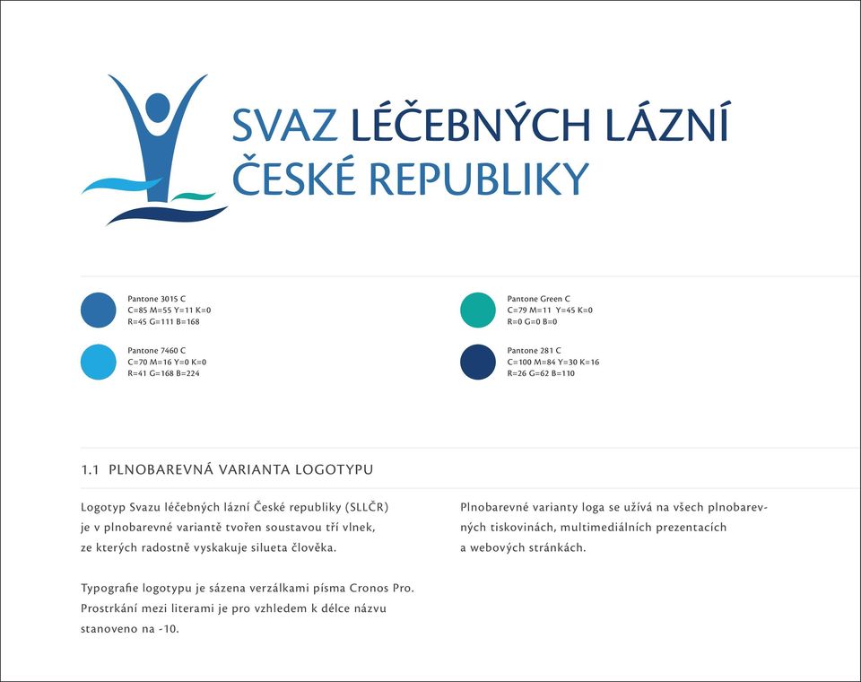 1 PLNOBAREVNÁ VARIANTA LOGOTYPU Logotyp Svazu léčebných lázní České republiky (SLLČR) je v plnobarevné variantě tvořen soustavou tří vlnek, ze kterých radostně