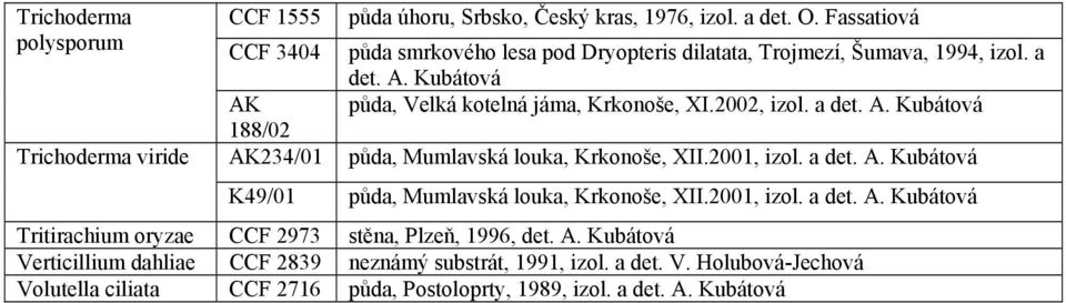 2001, izol. a det. A. K49/01 půda, Mumlavská louka, Krkonoše, XII.2001, izol. a det. A. Tritirachium oryzae CCF 2973 stěna, Plzeň, 1996, det. A. Verticillium dahliae CCF 2839 neznámý substrát, 1991, izol.